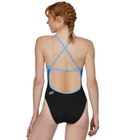 Speedo Women's Launch Splice Endurance + Cross Back One Piece Swimsuit -Swimwear Collection Store 5672118845608 blackblue 3a