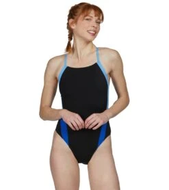Speedo Women's Launch Splice Endurance + Cross Back One Piece Swimsuit -Swimwear Collection Store 5672118845608 blackblue 4a